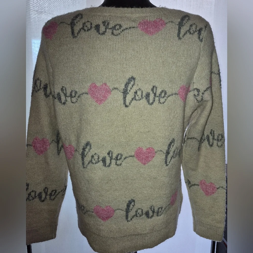 Cupcakes and Cashmere Womens Cream & Pink Heart Long Sleeve Sweater Size Medium - Picture 2 of 4